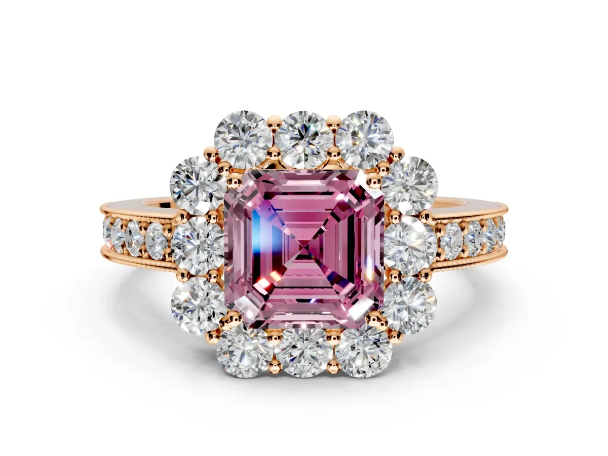 Halo Engagement Ring Setting for Fancy Pink Asscher Cut Center with Milgrain Channel Band and Prong Head in Rose Gold