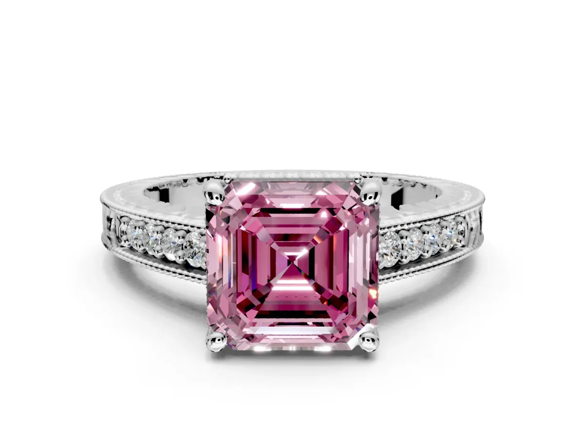 Engraved Engagement Ring Setting for Fancy Pink Asscher Cut Center with Milgrain Pave Band and Prong Head in Platinum