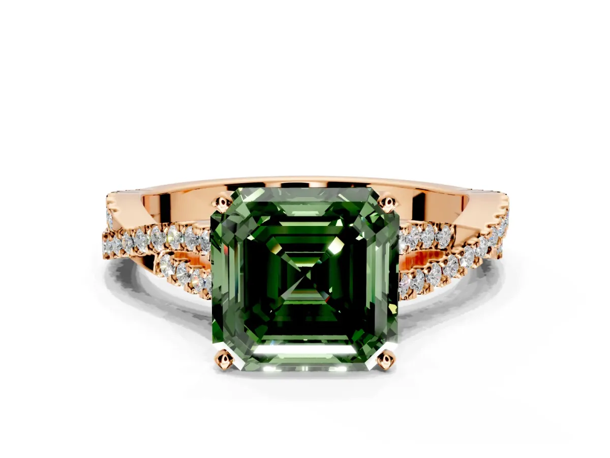 Solitaire Engagement Ring Setting for Fancy Green Asscher Cut Center with Twisted Pave Split Shank and Prong Head in Rose Gold