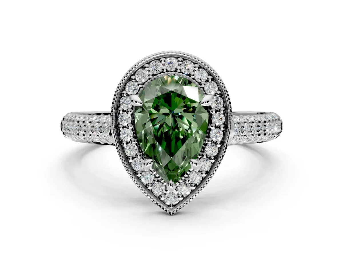 Milgrain Halo Engagement Ring Setting for Fancy Green Pear-Shaped Center with Three-Sided Pave Band and Prong Head in Platinum