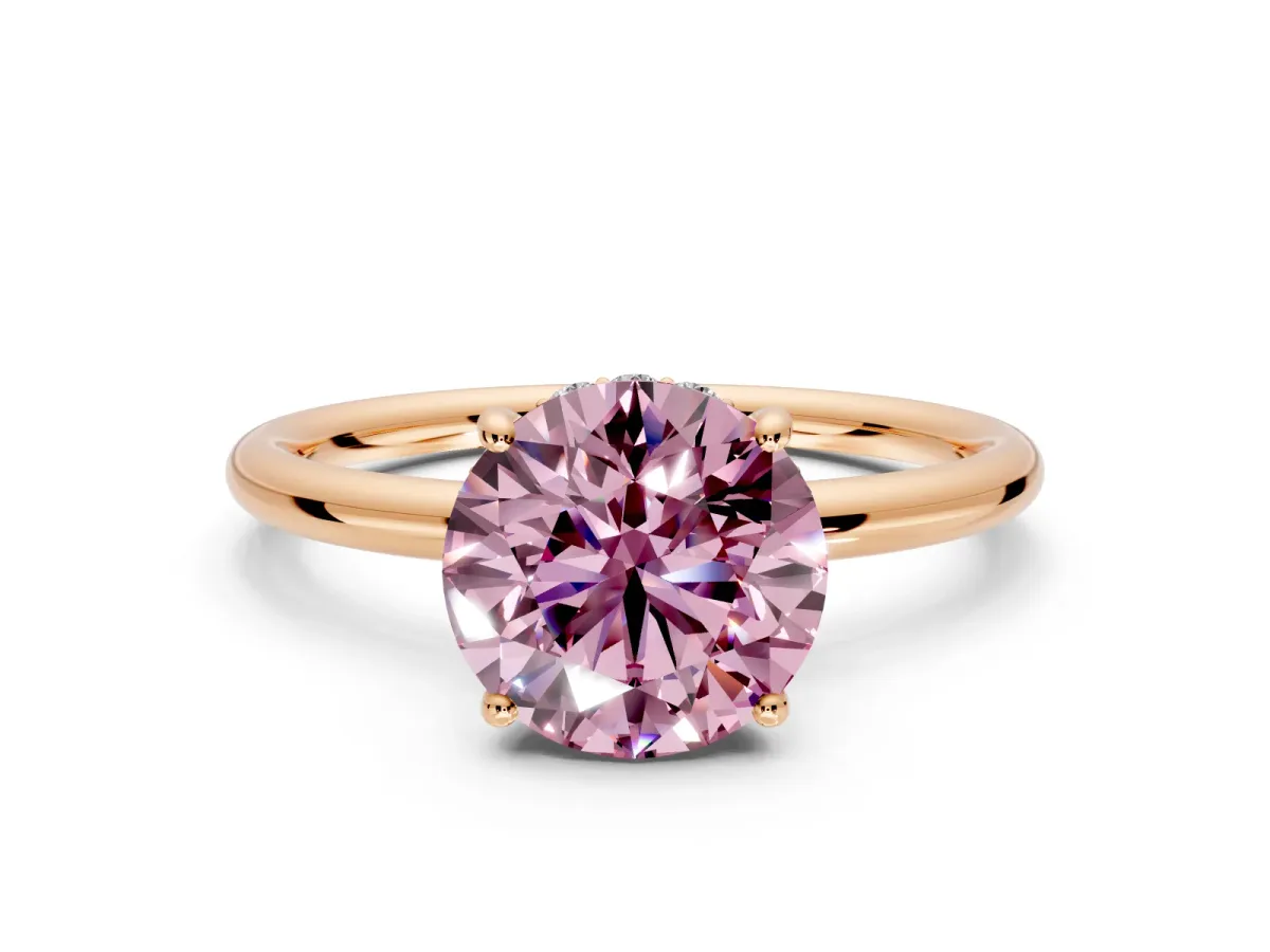 Solitaire Engagement Ring Setting for Fancy Pink Round Cut Center with Plain Band, Open Basket and Prong Head in Rose Gold