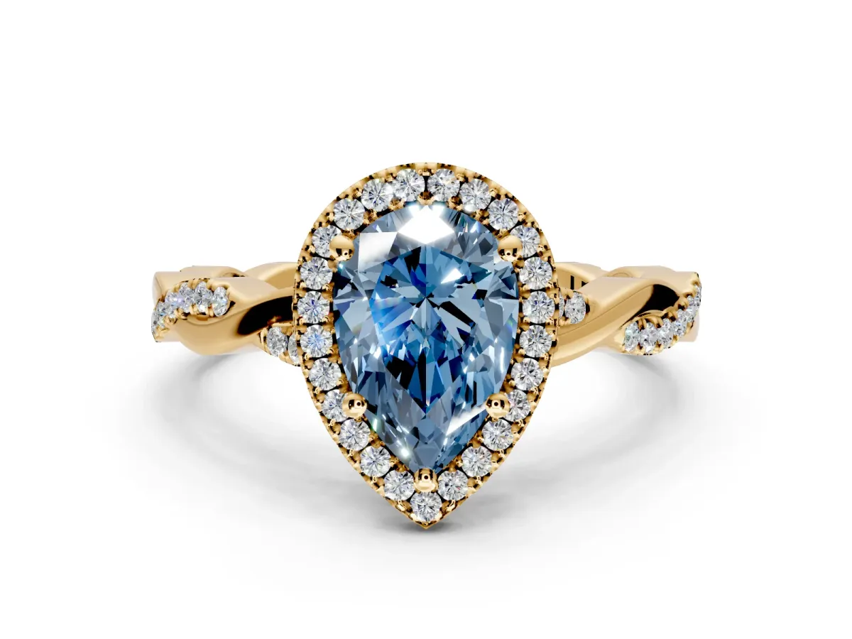 Halo Engagement Ring Setting for Fancy Blue Pear-Shaped Center with Pave and Plain Twist Band and Prong Head in Yellow Gold