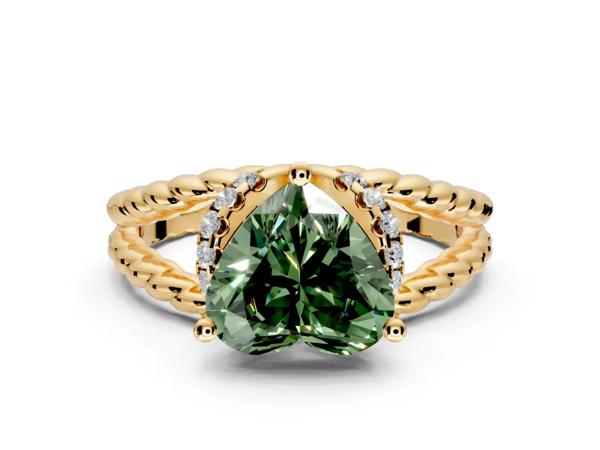 Halo Engagement Ring Setting for Fancy Green Heart-Shaped Center with Rope Twist Split Shank and Prong Head in Yellow Gold