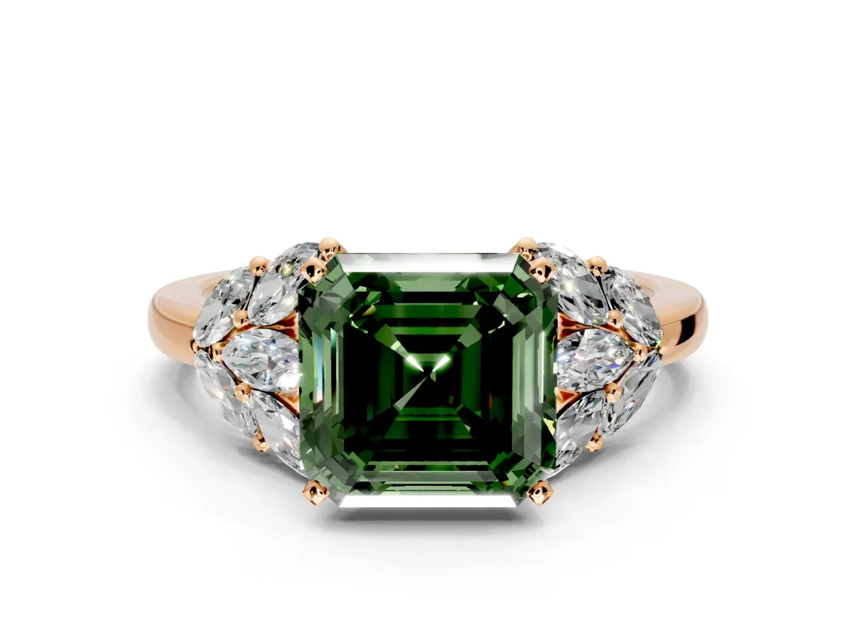 Leaf Cluster Engagement Ring Setting for Fancy Green Asscher Cut Center with Marquise Accents and Prong Head in Rose Gold