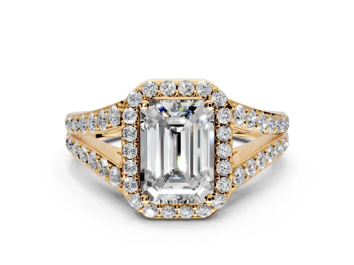 Halo Engagement Ring Setting for Emerald Cut Center with Narrow Pave Split Shank and Prong Head in Yellow Gold