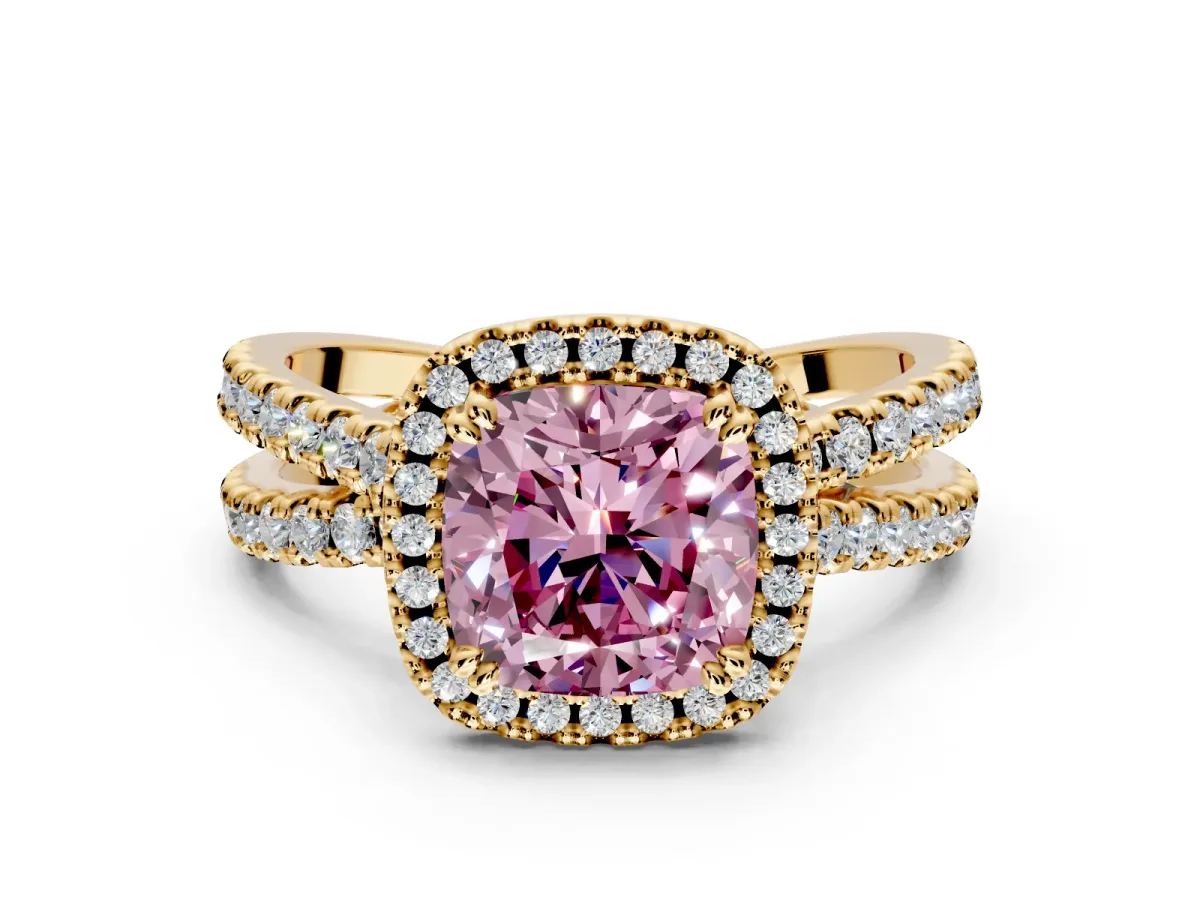 Halo Engagement Ring Setting for Fancy Pink Cushion Cut Center with Double Pave Split Shank and Prong Head in Yellow Gold