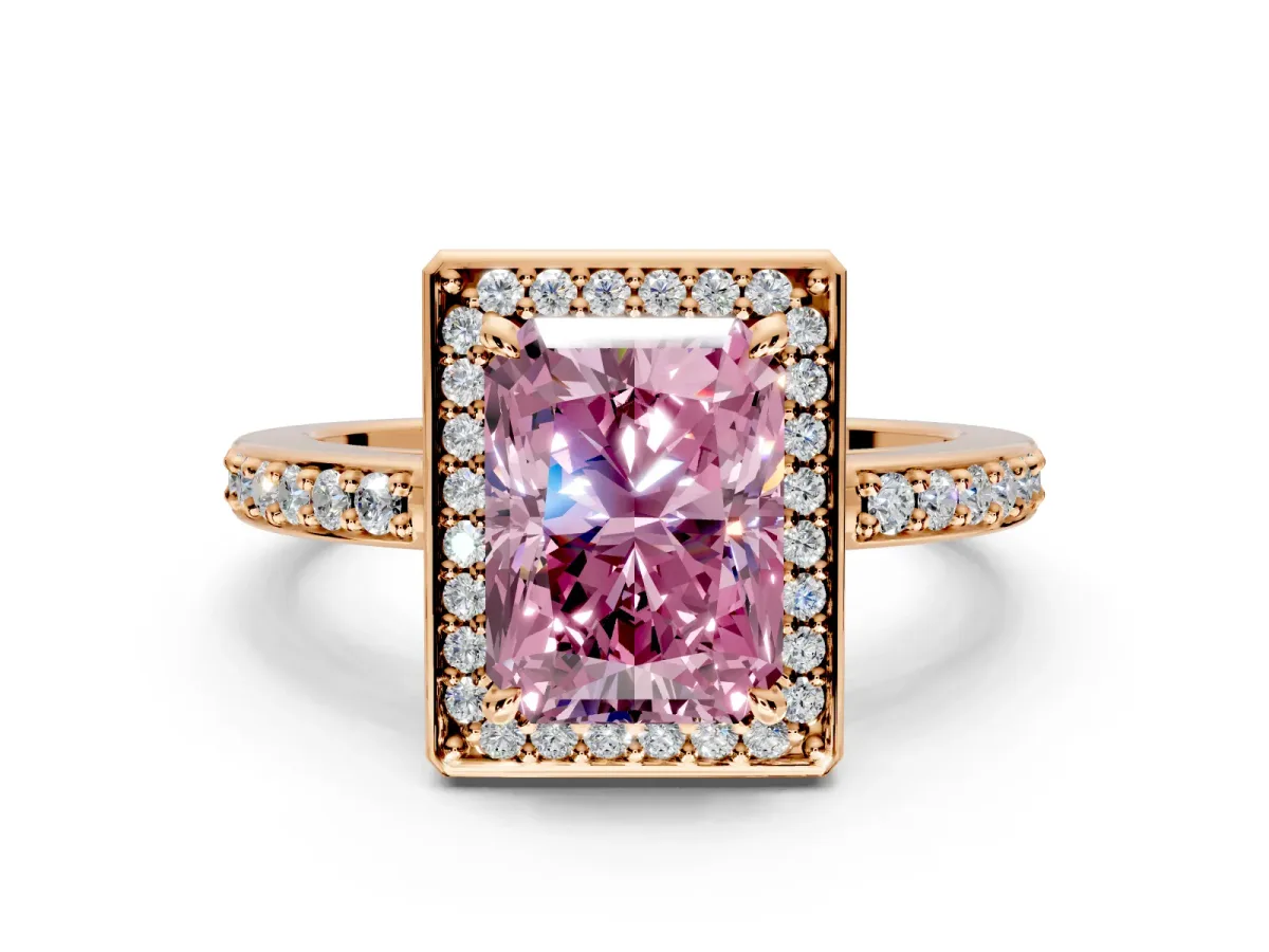 Halo Engagement Ring Setting for Fancy Pink Radiant Cut Center with Metal-Rimmed Halo, Pave Band and Prong Head in Rose Gold