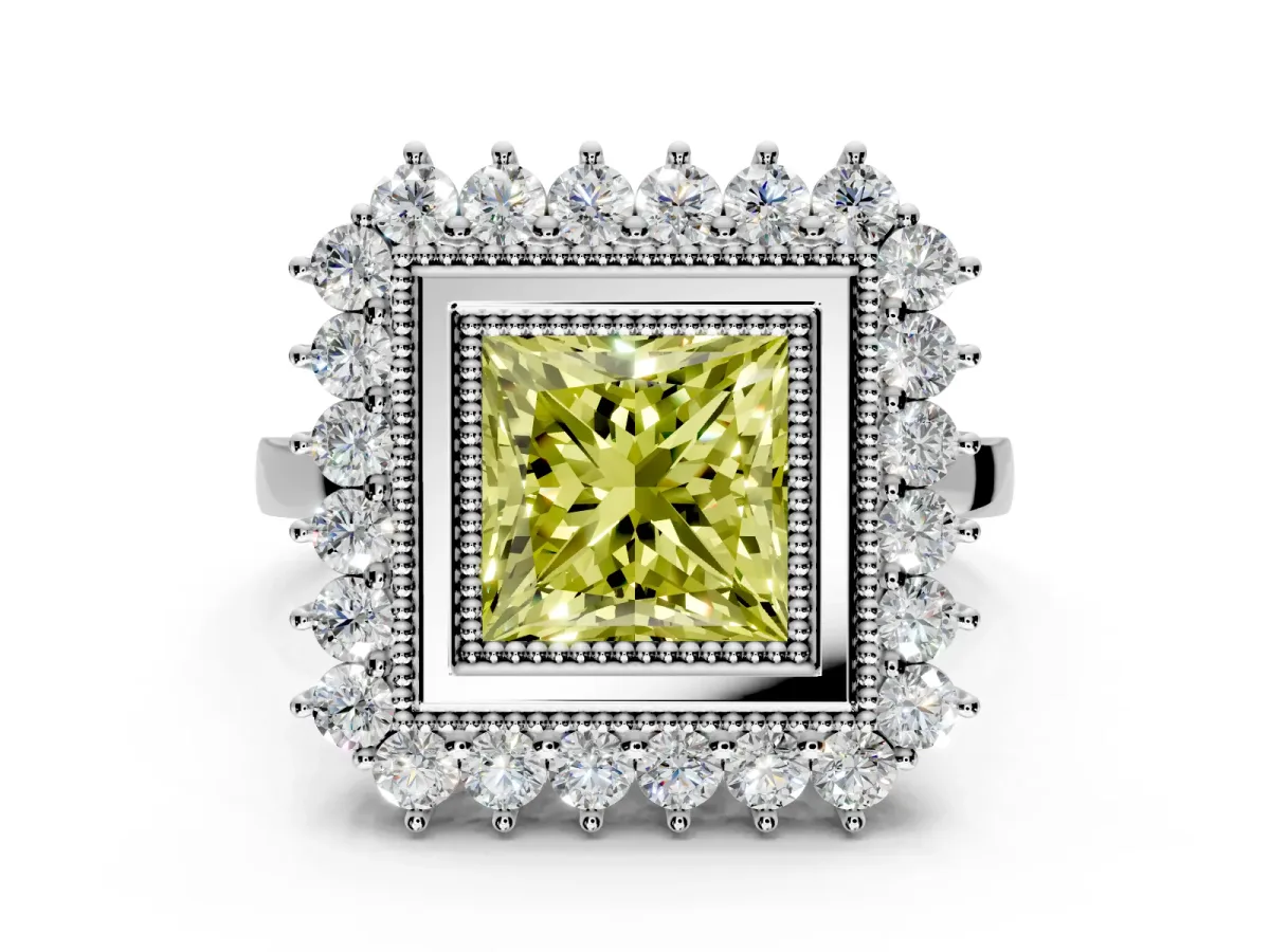 Halo Engagement Ring Setting for Fancy Yellow Princess Cut Center with Milgrain Bezel Rim, Plain Band and Prong Head in Sterling Silver