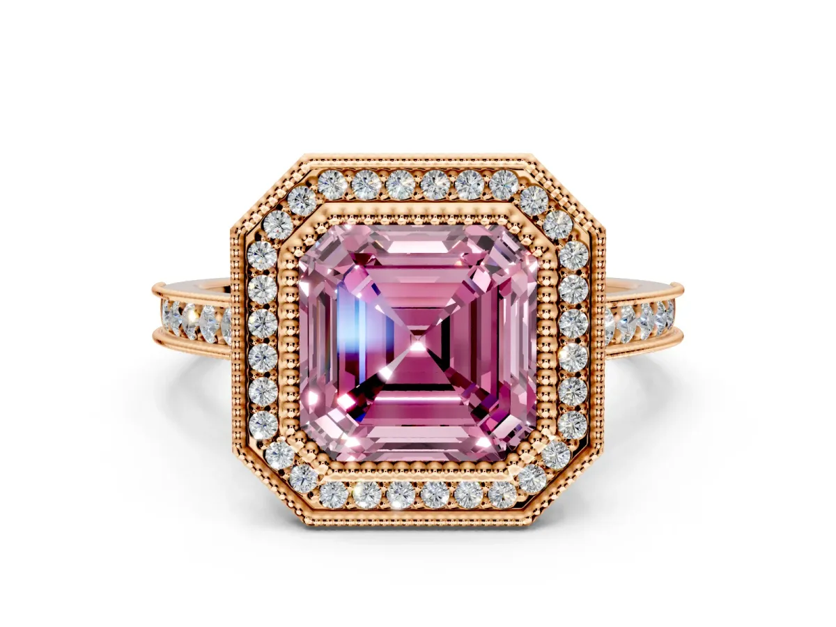 Halo Engagement Ring Setting for Fancy Pink Asscher Cut Center with Milgrain Pave Band and Bezel Head in Rose Gold