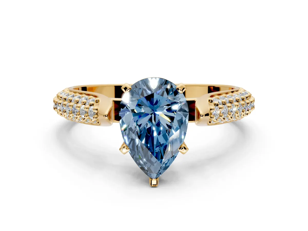 Solitaire Engagement Ring Setting for Fancy Blue Pear-Shaped Center with Multi-Row Accents and Prong Head in Yellow Gold