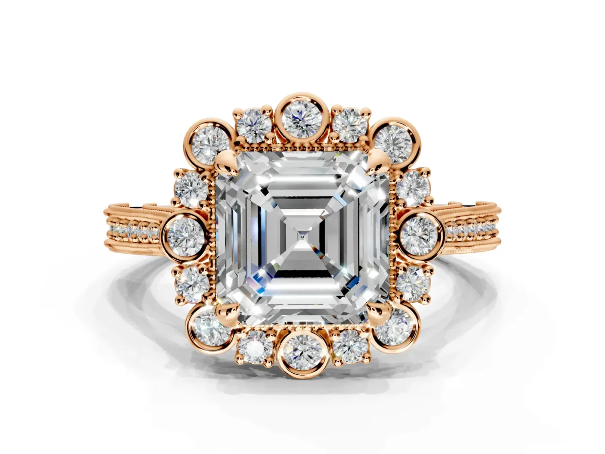 Milgrain Halo Engagement Ring Setting for Asscher Cut Center with Bezel Point Accents and Prong Head in Rose Gold