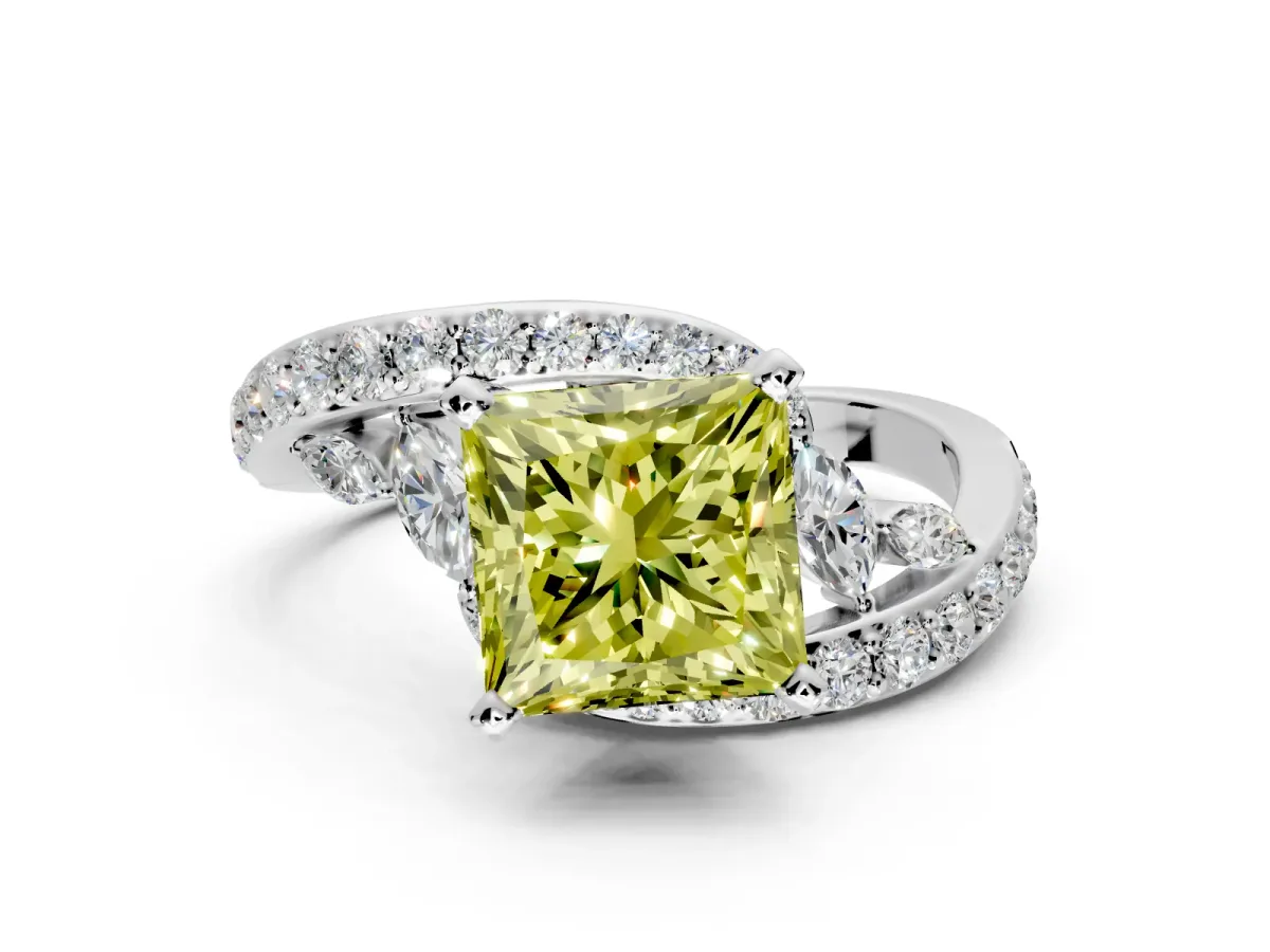 Solitaire Engagement Ring Setting for Fancy Yellow Princess Cut Center with Pave Bypass Twist Band and Prong Head in White Gold