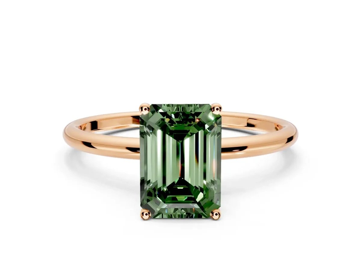Solitaire Engagement Ring Setting for Fancy Green Emerald Cut Center with Straight Thin Band and Prong Head in Rose Gold