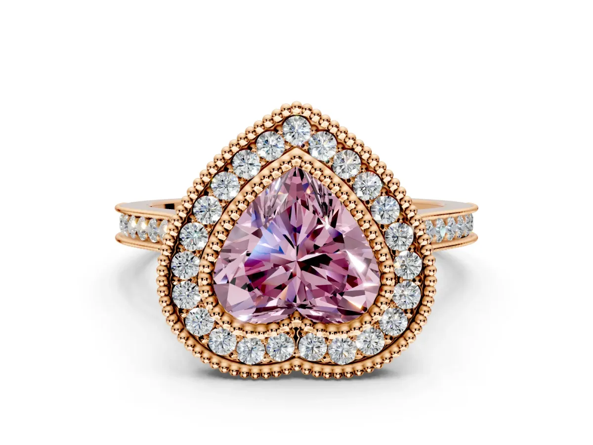 Halo Engagement Ring Setting for Fancy Pink Heart-Shaped Center with Milgrain Frame, Pave Band and Prong Head in Rose Gold