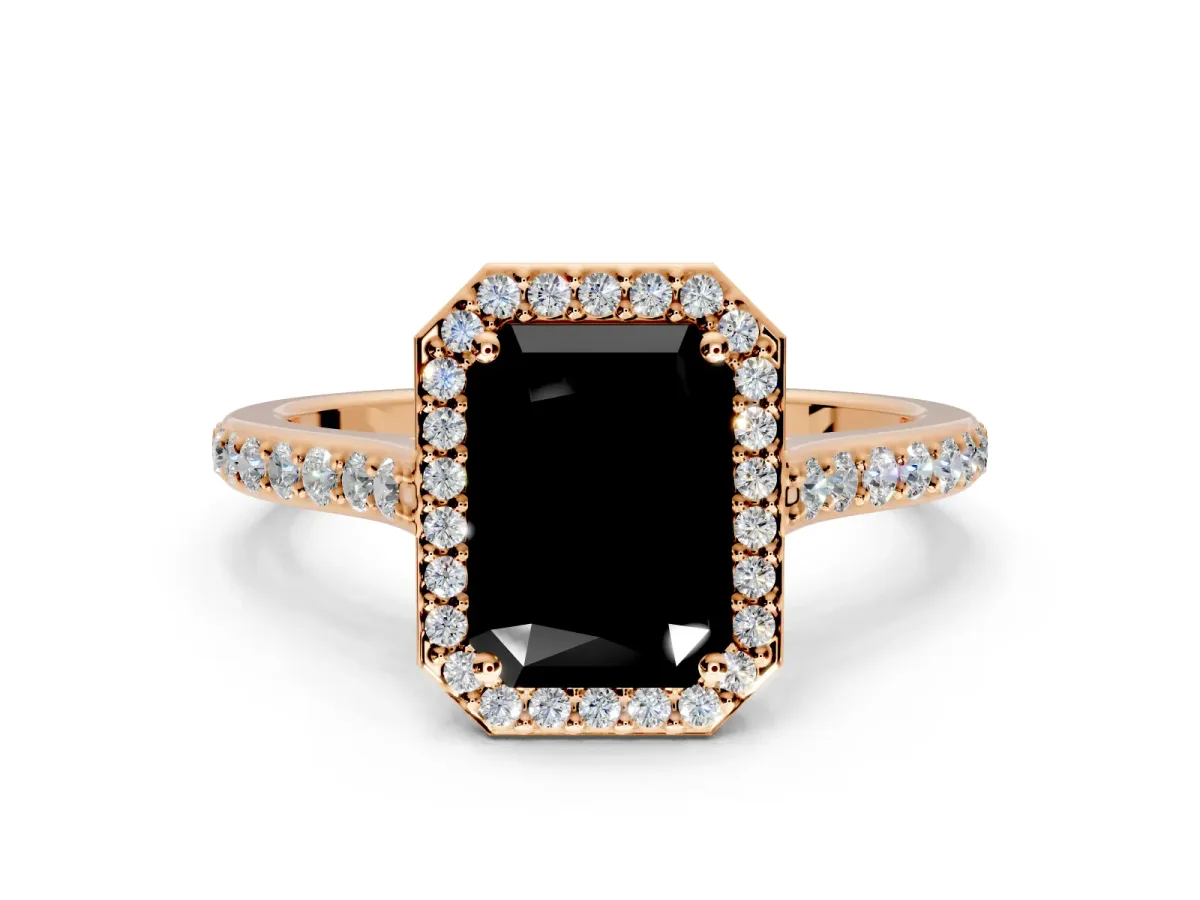 Halo Engagement Ring Setting for Fancy Black Radiant Cut Center with Pave Accents, Heart Basket and Prong Head in Rose Gold