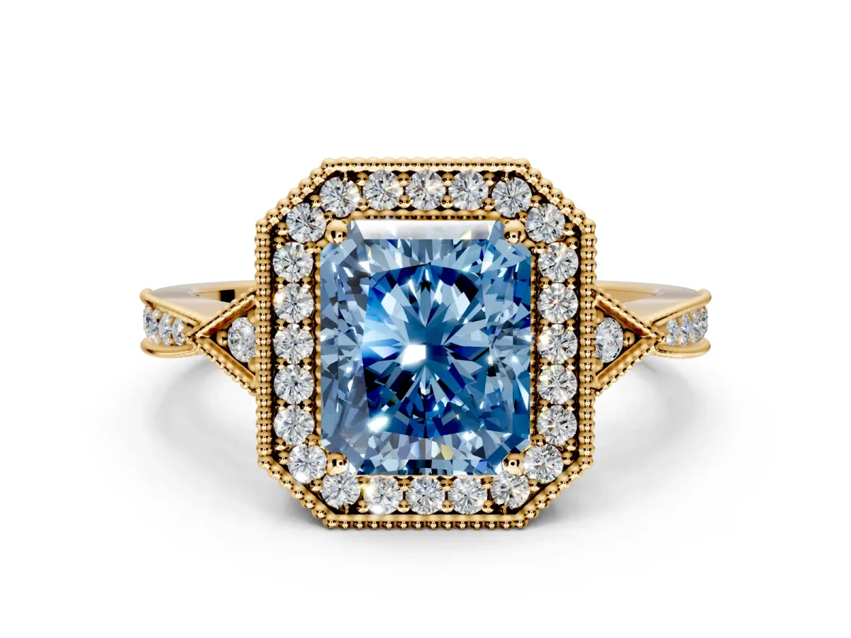 Halo Engagement Ring Setting for Fancy Blue Radiant Cut Center with Milgrain Rim, Pave Band and Prong Head in Yellow Gold