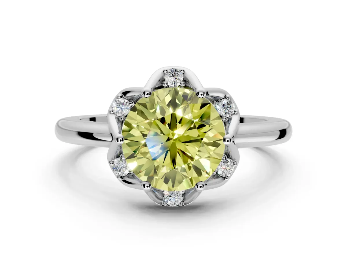 Floral Frame Engagement Ring Setting for Fancy Yellow Round Cut Center with Accent Clusters and Prong Head in White Gold