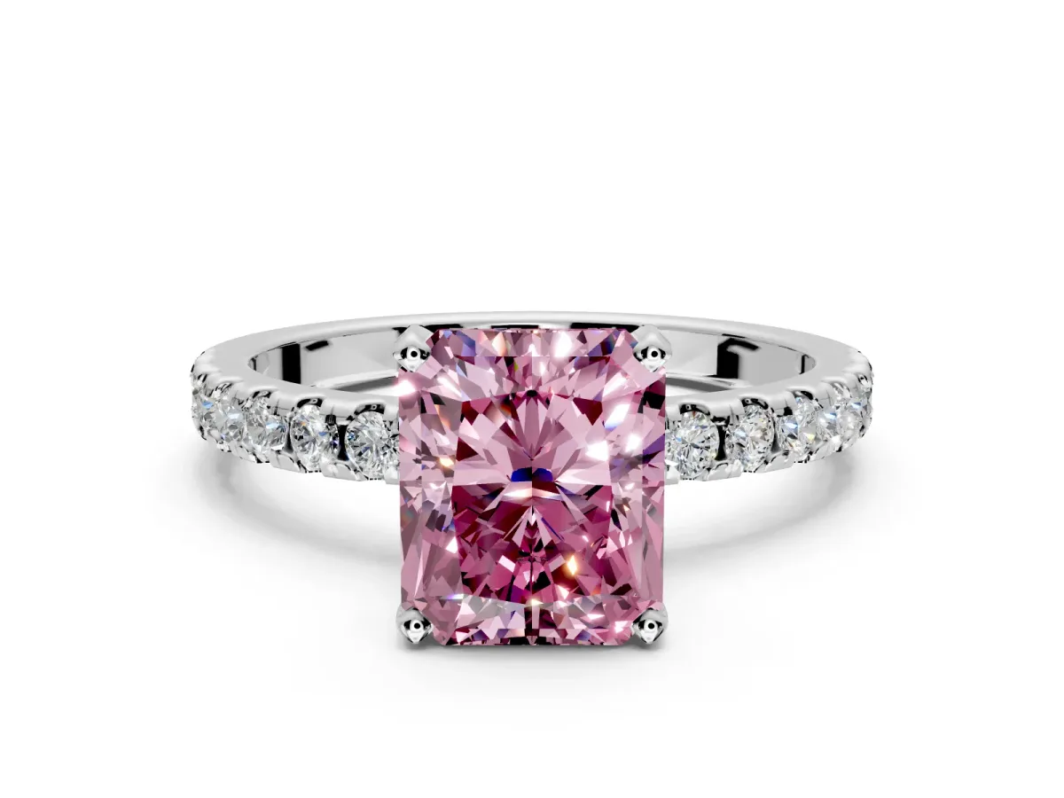 Solitaire Engagement Ring Setting for Fancy Pink Radiant Cut Center with Band of Accents and Prong Head in Platinum