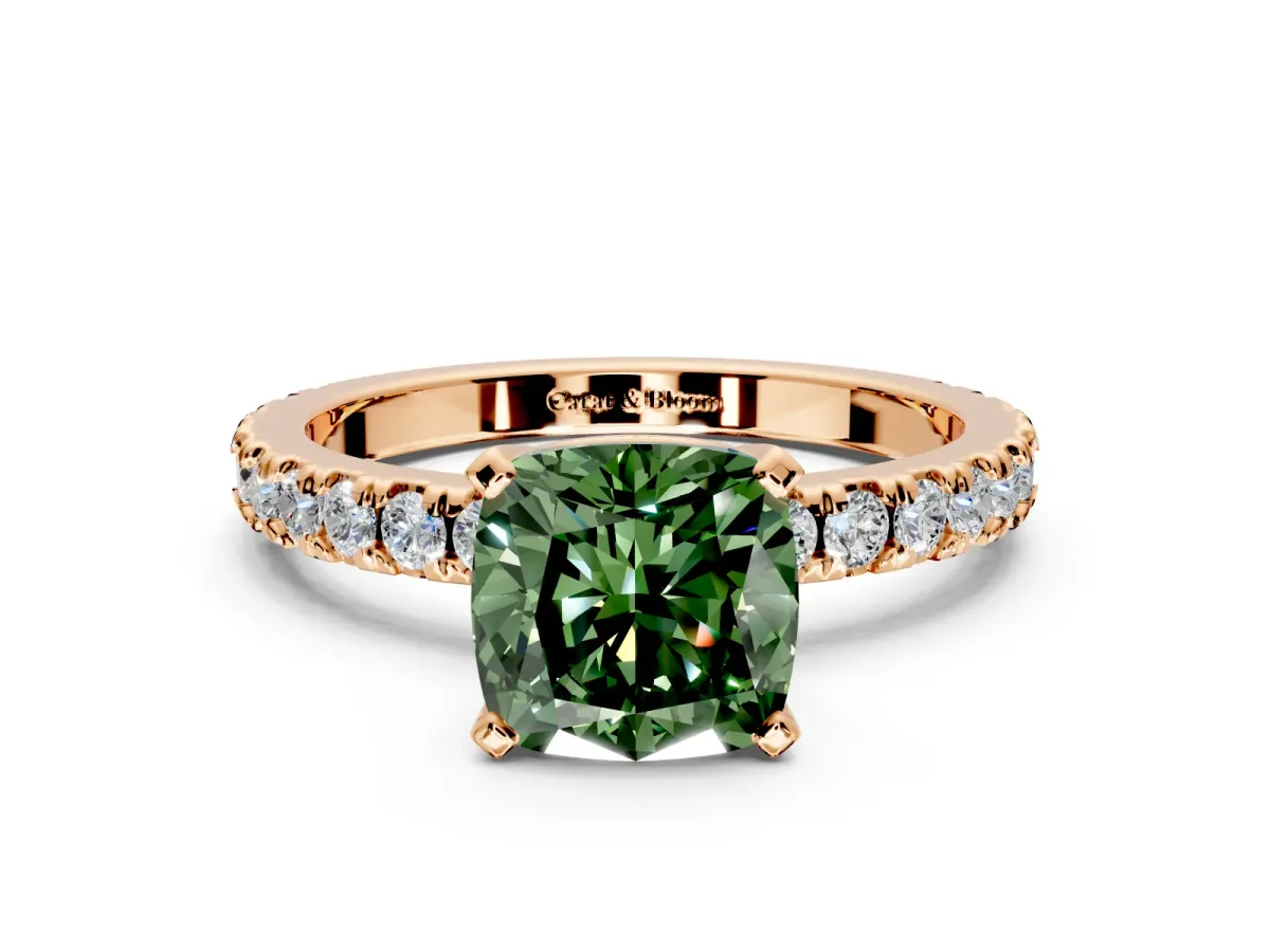 Solitaire Engagement Ring Setting for Fancy Green Cushion Cut Center with Fine Pave Band and Claw Prong Head in Rose Gold
