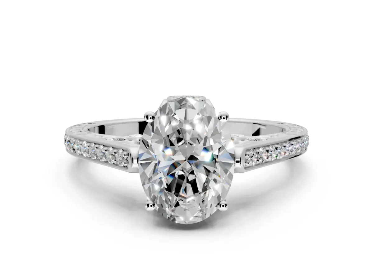 Cathedral Engagement Ring Setting for Oval Center with Antique-Style Pave Band and Prong Head in Platinum