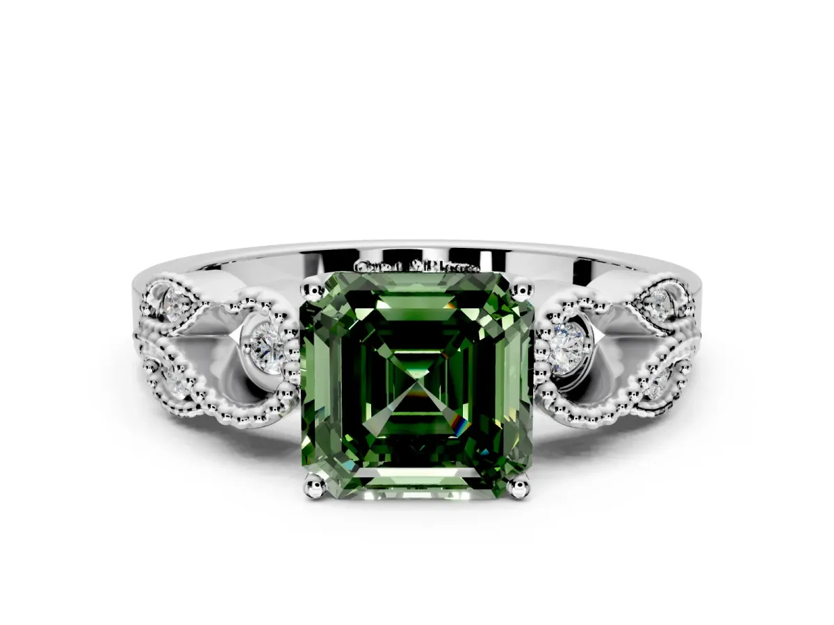 Leaf Engagement Ring Setting for Fancy Green Asscher Cut Center with Milgrain Accent Band and Prong Head in Sterling Silver