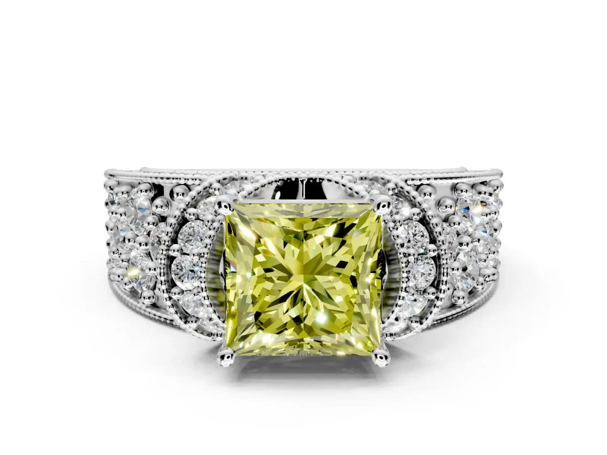 Pave Engagement Ring Setting for Fancy Yellow Princess Cut Center with Curved Accent Rows, Openwork and Prong Head in Sterling Silver