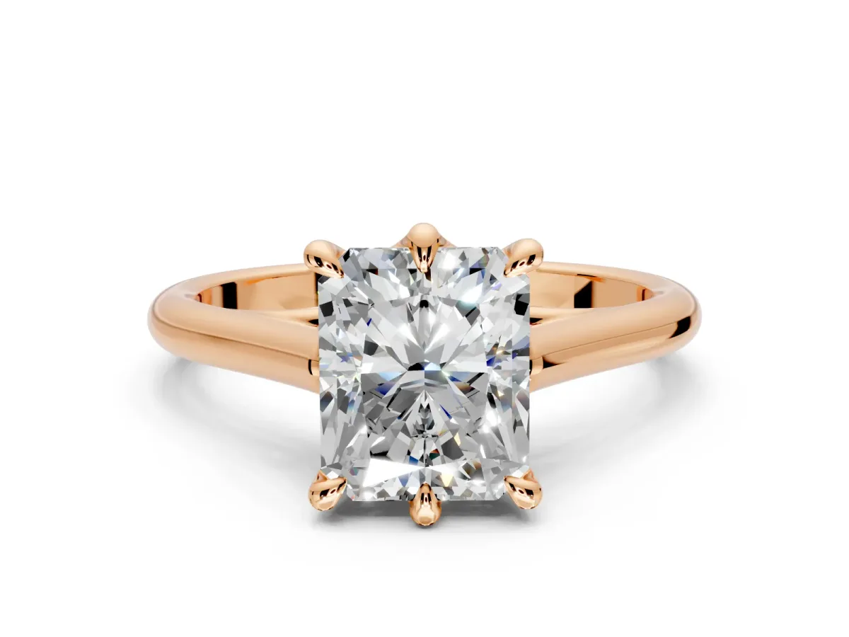 Solitaire Engagement Ring Setting for Radiant Cut Center with Cathedral Band and Prong Head in Rose Gold