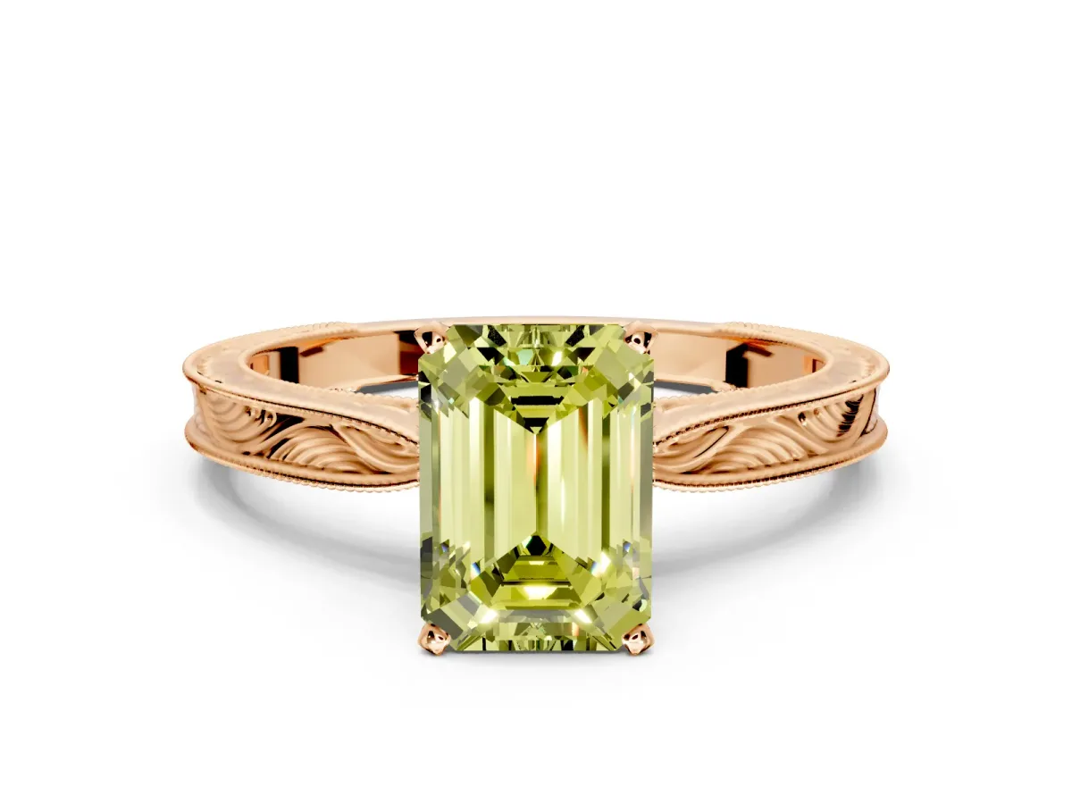 Solitaire Engagement Ring Setting for Fancy Yellow Emerald Cut Center with Engraved Milgrain Band and Prong Head in Rose Gold