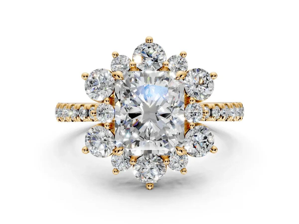 Floral Halo Engagement Ring Setting for Radiant Cut Center with Pave Accents and Prong Head in Yellow Gold