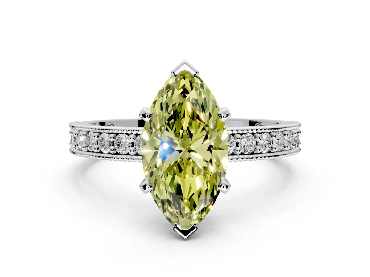 Milgrain Pave Engagement Ring Setting for Fancy Yellow Marquise Center with Accent Band and Prong Head in Platinum