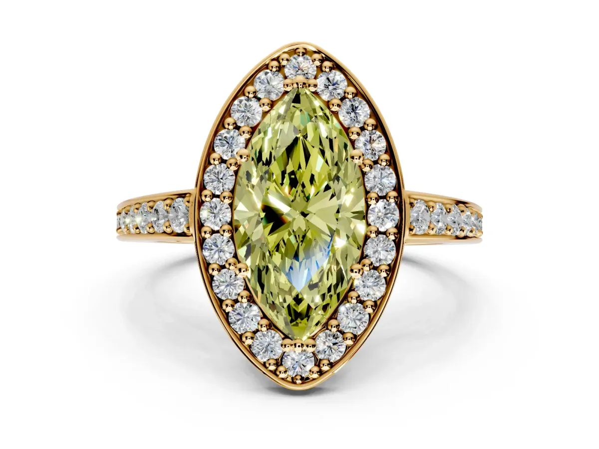 Bezel-Framed Halo Engagement Ring Setting for Fancy Yellow Marquise Center with Pave Band and Prong Head in Yellow Gold