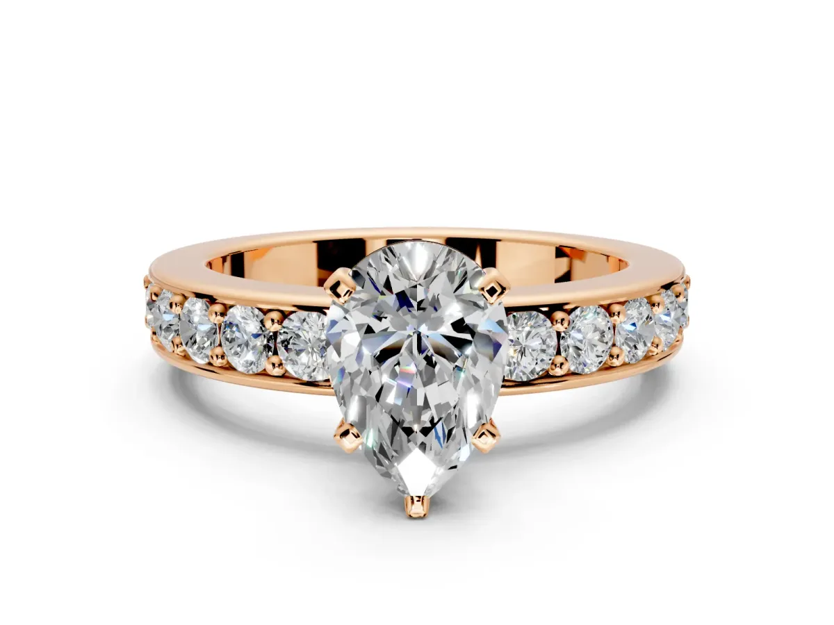 Solitaire Engagement Ring Setting for Pear-Shaped Center with Channel-Set Accents and Prong Head in Rose Gold