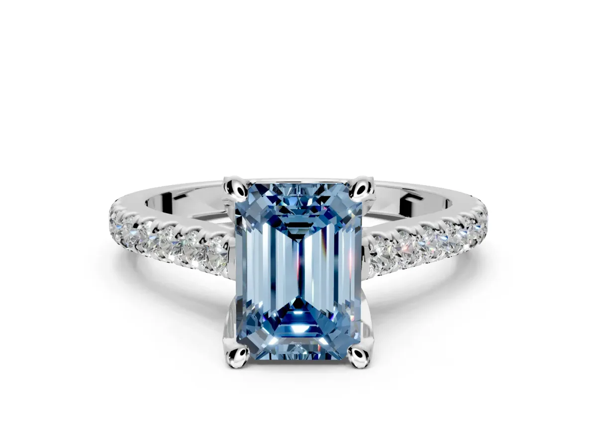 Solitaire Engagement Ring Setting for Fancy Blue Emerald Cut Center with Widening Pave Band and Claw Prong Head in Sterling Silver