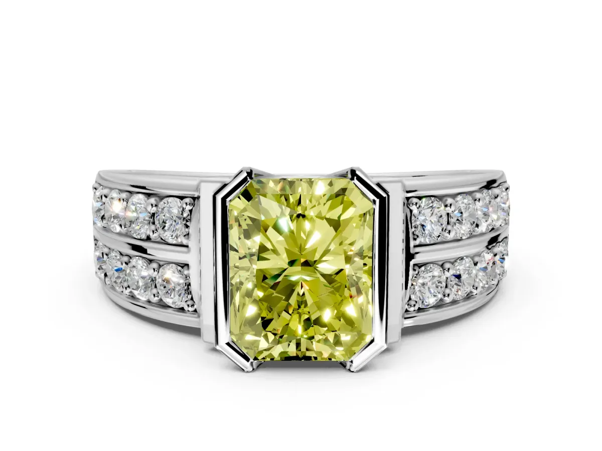 Bezel Engagement Ring Setting for Fancy Yellow Radiant Cut Center with Wide Channel-Set Band and Bezel Head in Platinum