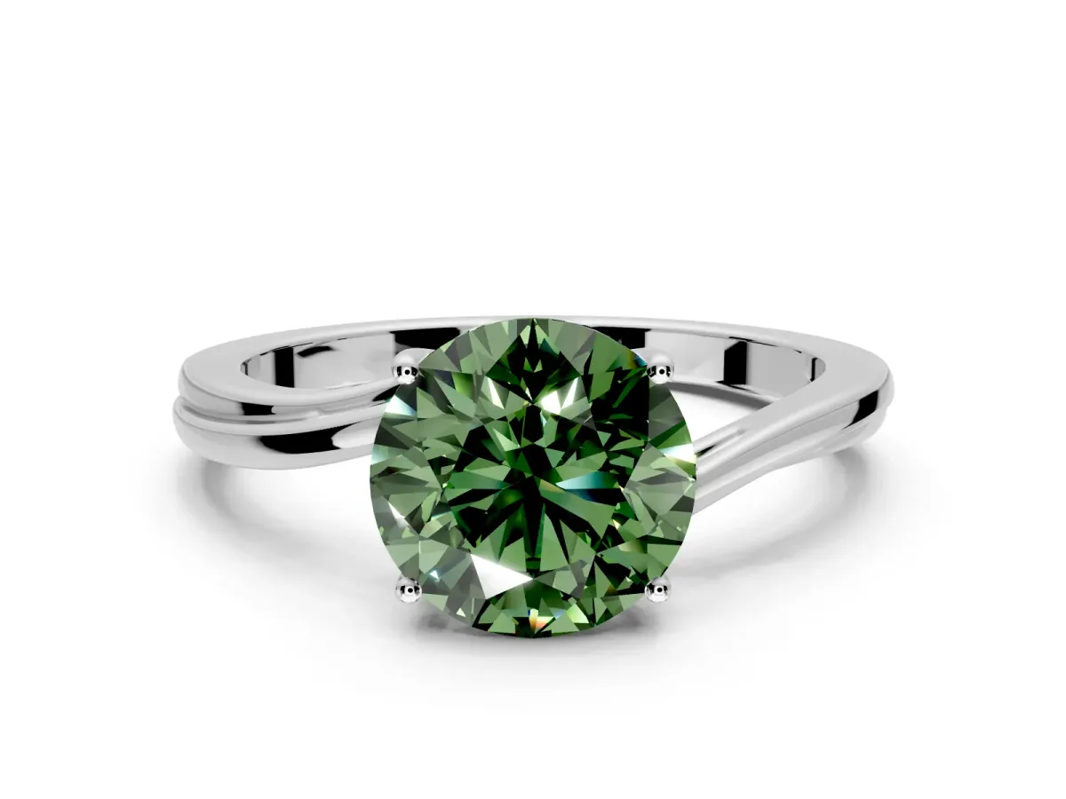 Solitaire Engagement Ring Setting for Fancy Green Round Cut Center with Plain Bypass Twist Band and Prong Head in Sterling Silver