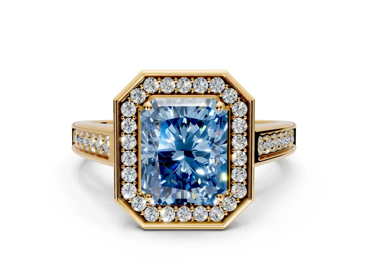 Halo Engagement Ring Setting for Fancy Blue Radiant Cut Center with Outer Bezel Rim, Pave Band and Prong Head in Yellow Gold