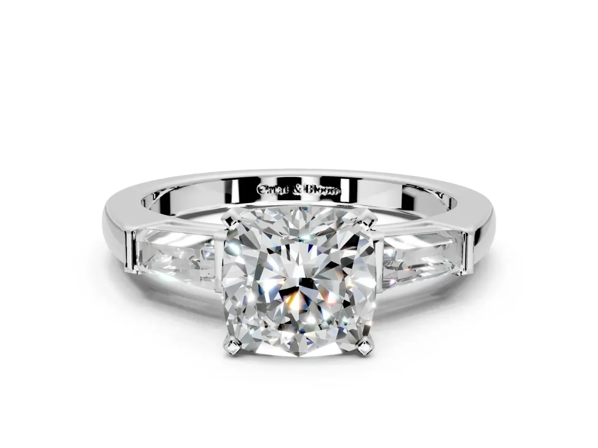 3 Stone Engagement Ring Setting for Cushion Cut Center with Tapered Baguettes, Plain Band and Prong Head in Sterling Silver