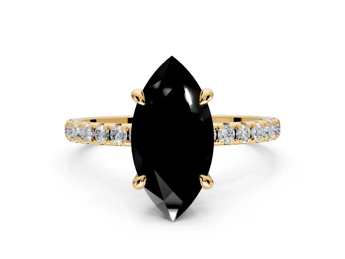 Solitaire Engagement Ring Setting for Fancy Black Marquise Center with Fine Pave Narrow Band and Prong Head in Yellow Gold