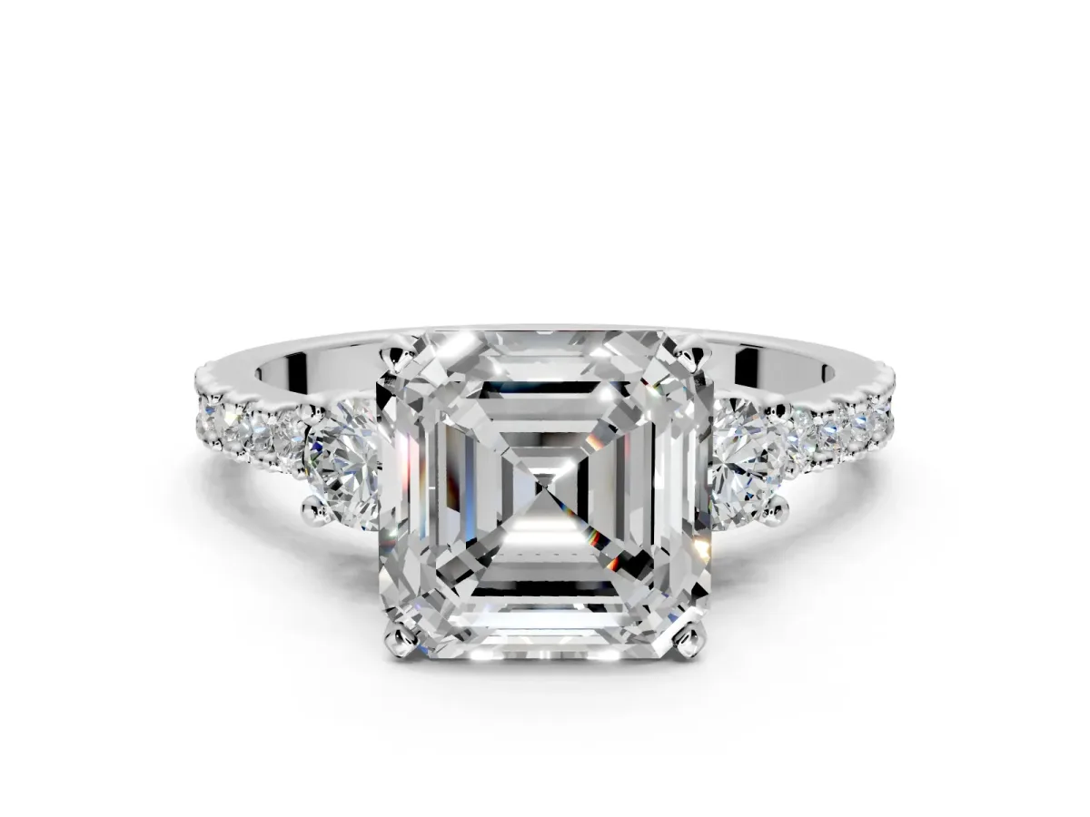 3 Stone Engagement Ring Setting for Asscher Cut Center with Round Cut Side Accents and Prong Head in Sterling Silver