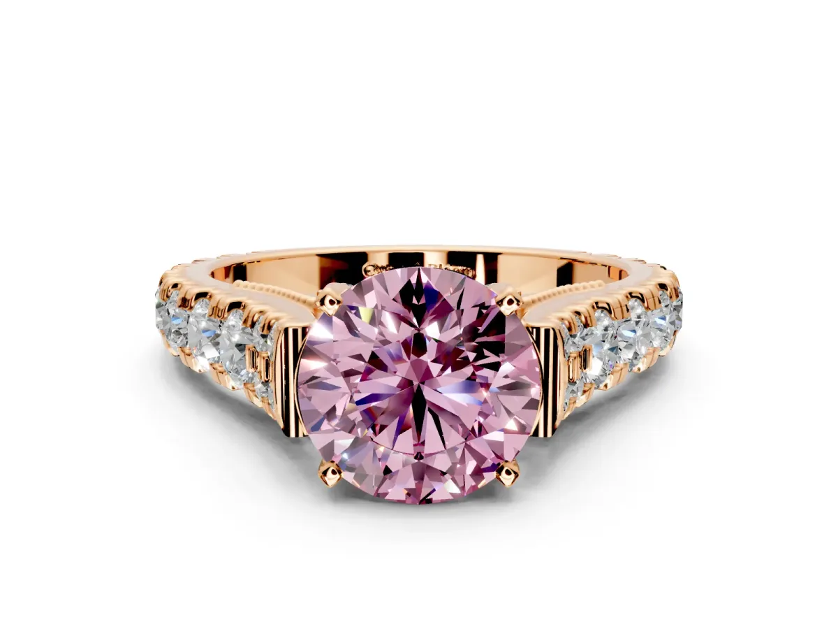 Solitaire Engagement Ring Setting for Fancy Pink Round Cut Center with Pave Cathedral Shoulders and Prong Head in Rose Gold