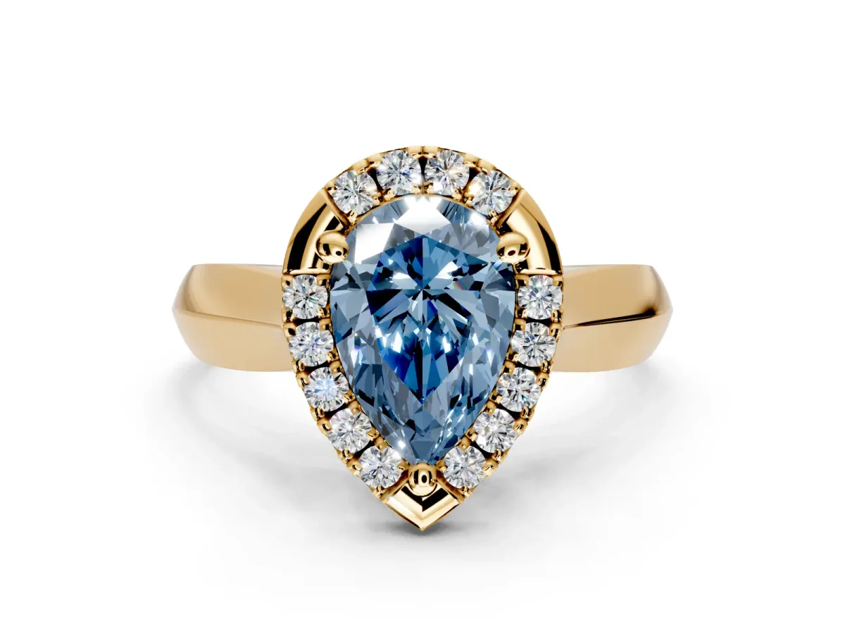 Halo Engagement Ring Setting for Fancy Blue Pear-Shaped Center with Square Band and Prong Head in Yellow Gold