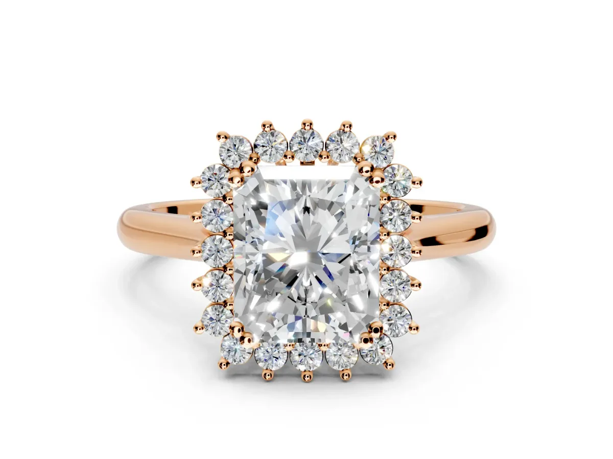 Starburst Halo Engagement Ring Setting for Radiant Cut Center with Thin Round-Wire Band and Prong Head in Rose Gold