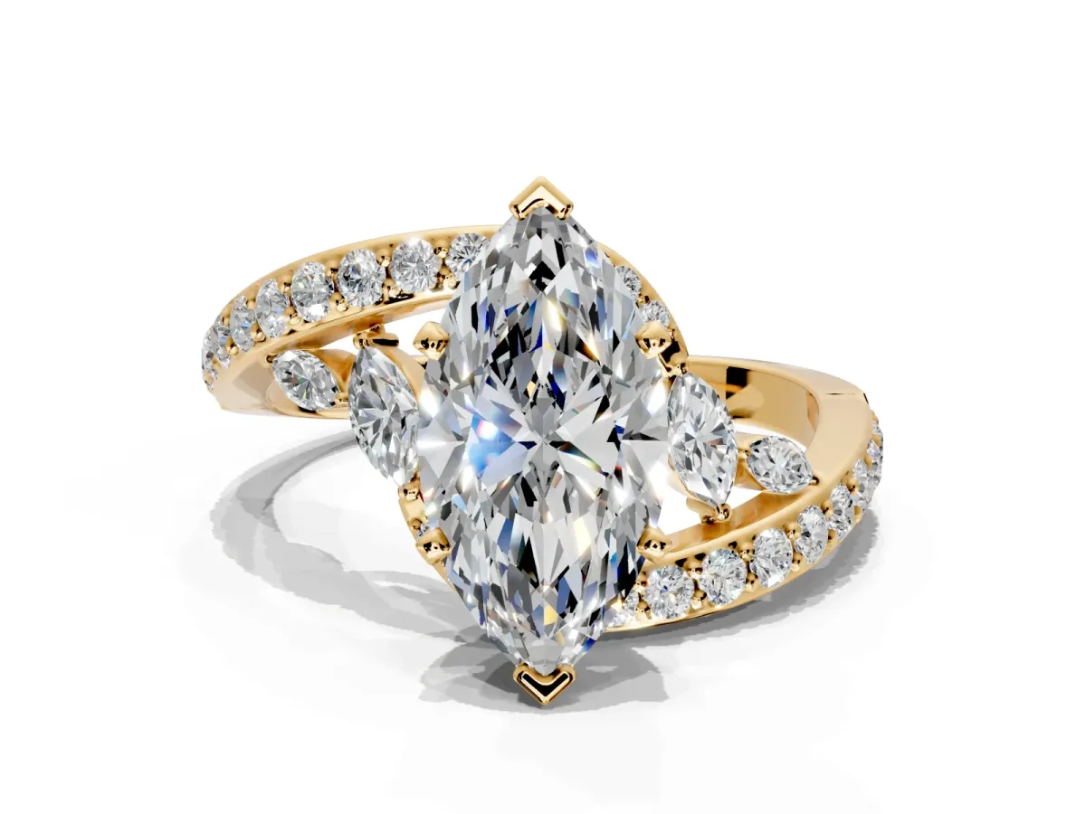 Solitaire Engagement Ring Setting for Marquise Center with Pave Bypass Twist Band and Prong Head in Yellow Gold