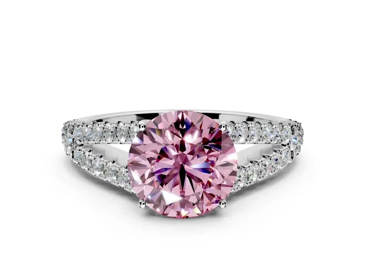 Solitaire Engagement Ring Setting for Fancy Pink Round Cut Center with Pave Split Shank and Prong Head in Platinum