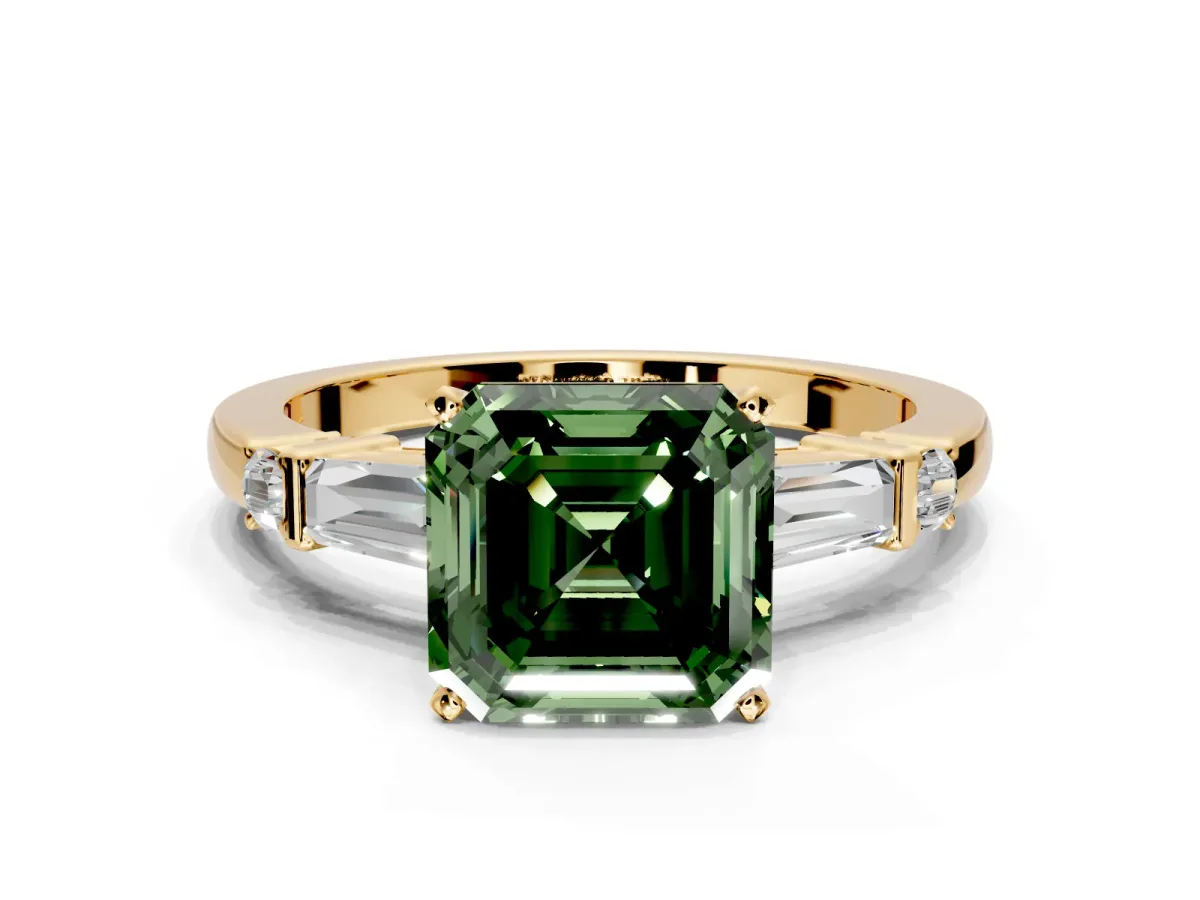 Bar-Set Engagement Ring Setting for Fancy Green Asscher Cut Center with Tapered Baguette Accents and Prong Head in Yellow Gold