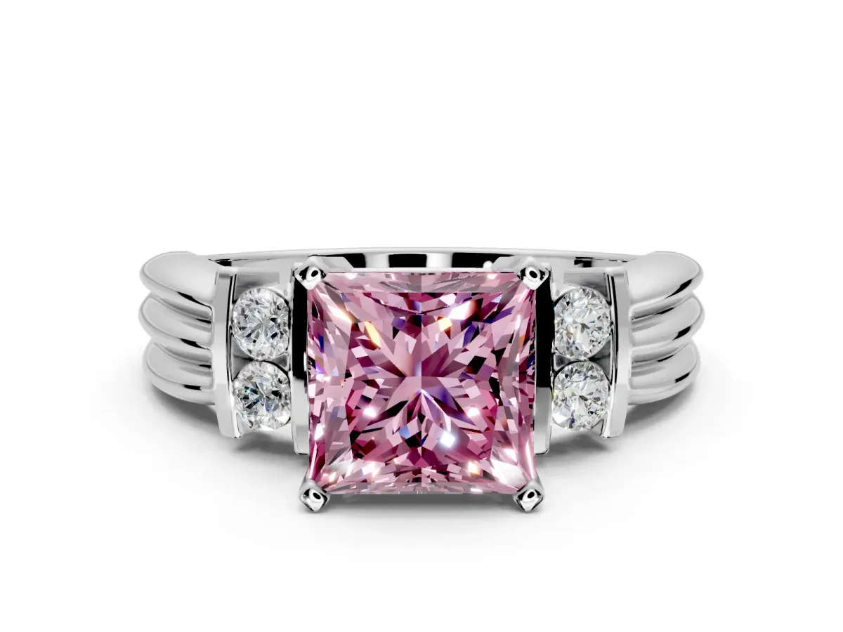 Solitaire Engagement Ring Setting for Fancy Pink Princess Cut Center with Grooved Bar Accent Band and Prong Head in White Gold