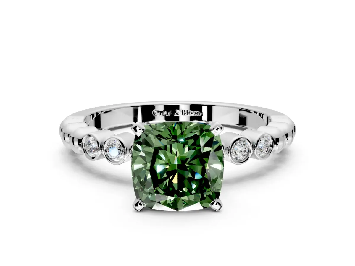 Solitaire Engagement Ring Setting for Fancy Green Cushion Cut Center with Bezel-Dot Beaded Band and Prong Head in Platinum