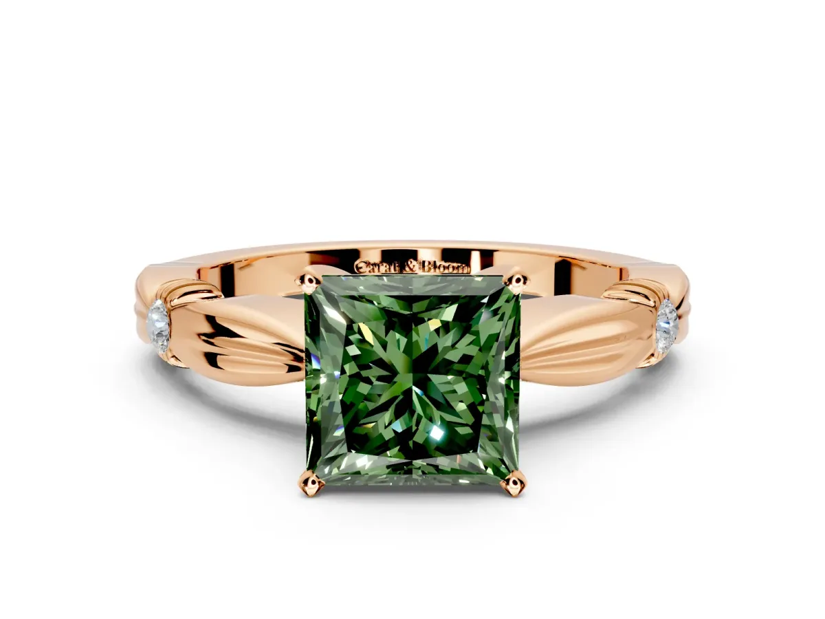 Solitaire Engagement Ring Setting for Fancy Green Princess Cut Center with Carved Leaf Shoulders and Prong Head in Rose Gold