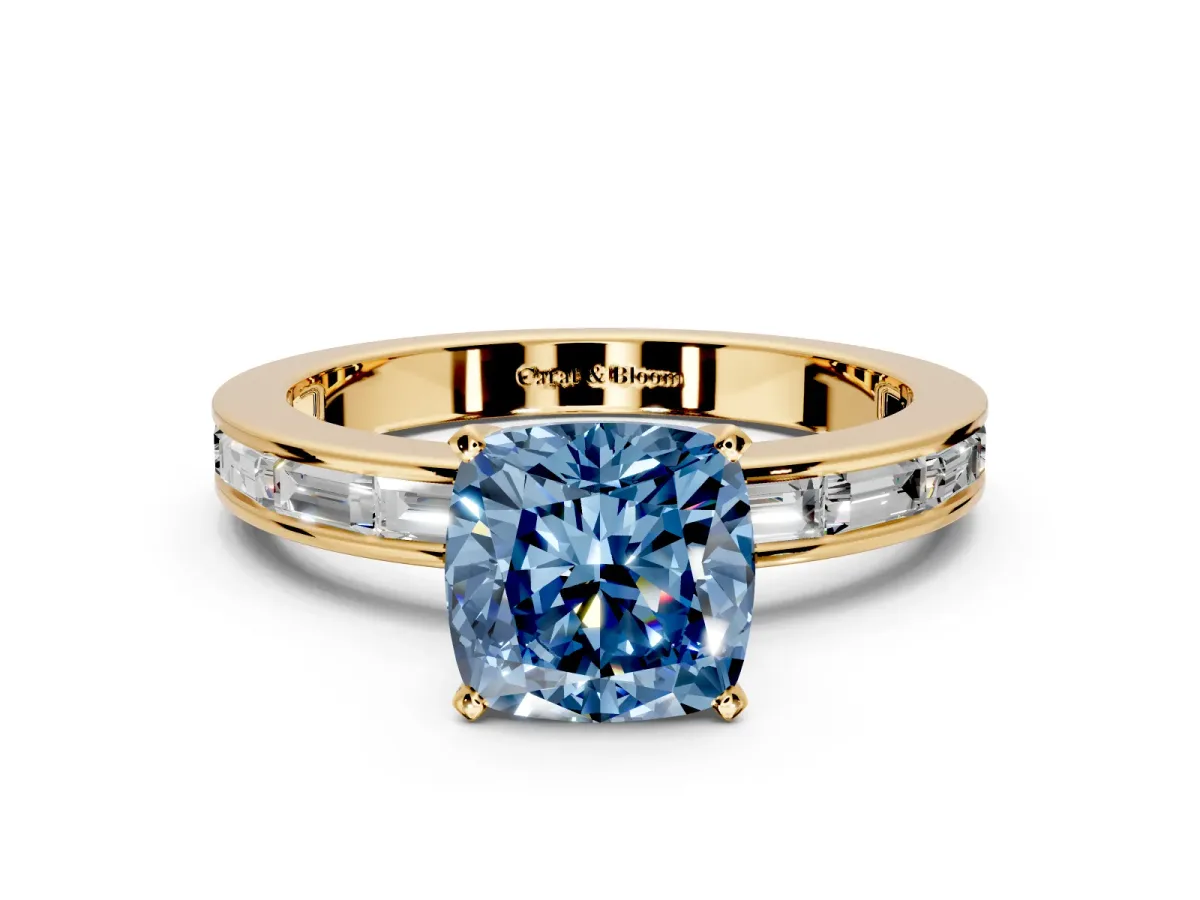 Solitaire Engagement Ring Setting for Fancy Blue Cushion Cut Center with Channel Baguette Band and Prong Head in Yellow Gold