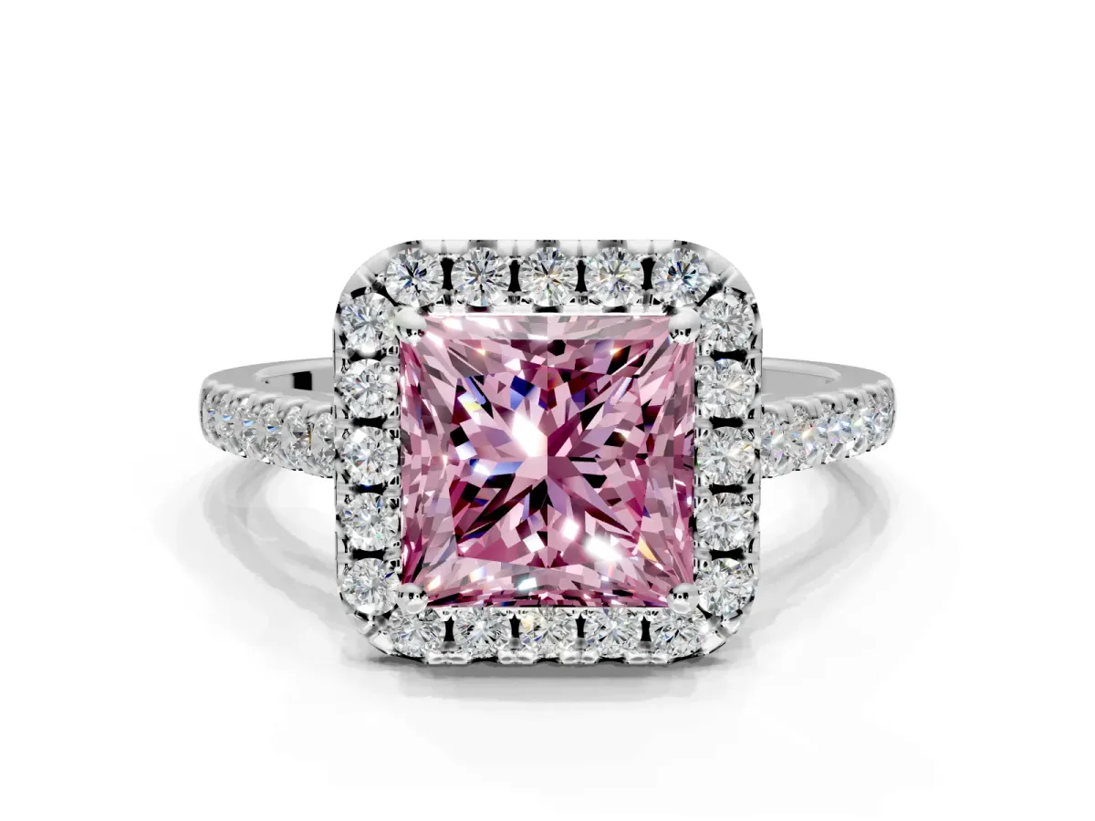 Halo Engagement Ring Setting for Fancy Pink Princess Cut Center with Narrowing Pave Band and Prong Head in White Gold